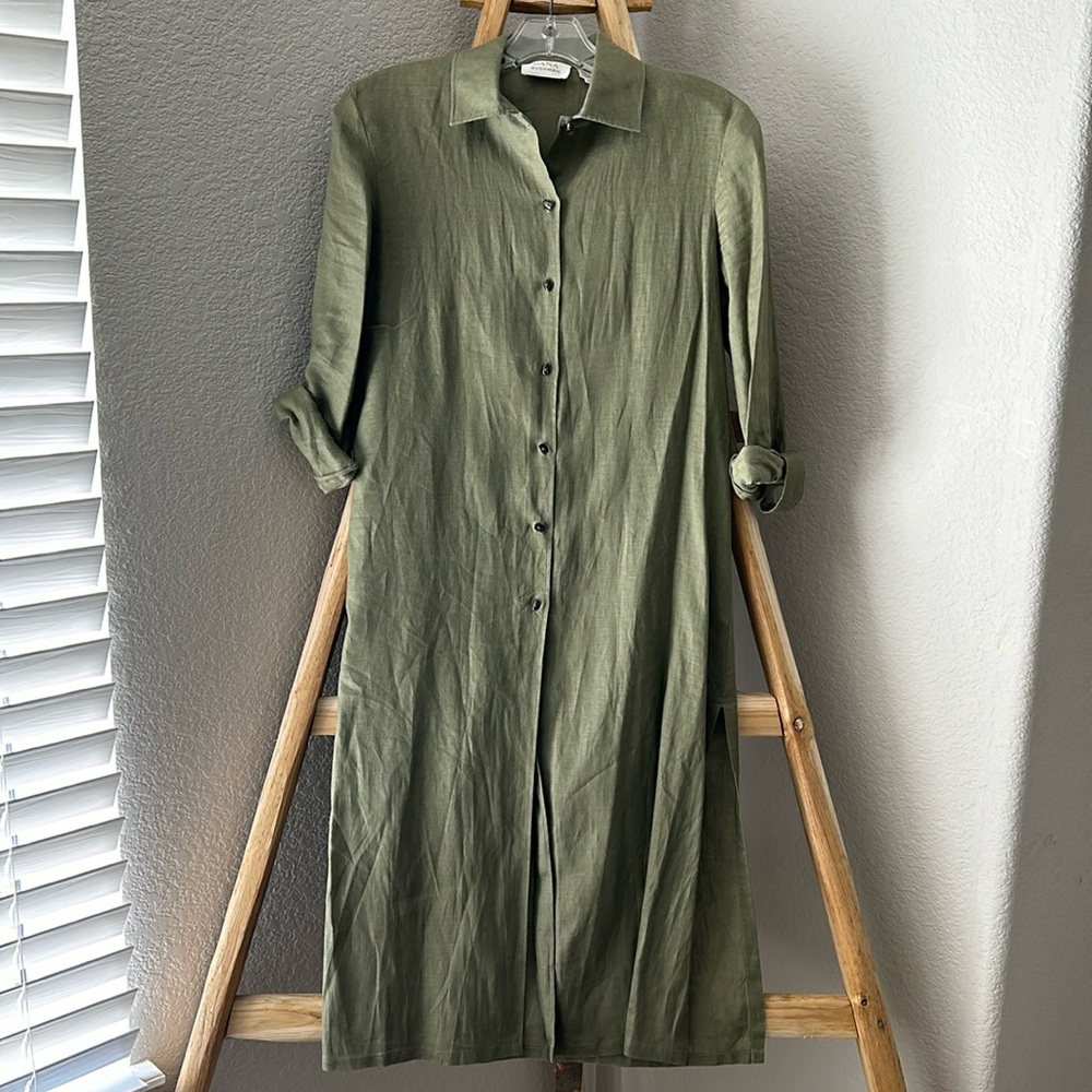 Dana Buchman Olive Green Linen Midi Shirt Dress Roll Tab Sleeve - Picture 3 of 7